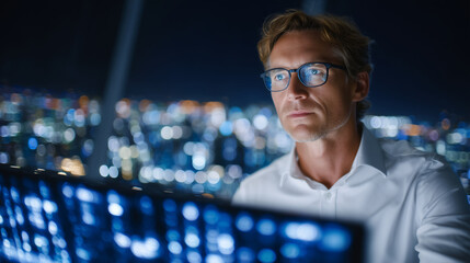 Side view of an IT expert with glasses examining firewall status on a floating holographic interface, surrounded by vertically stacked server towers