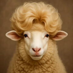 Sheep with blonde wig styled like human hair	