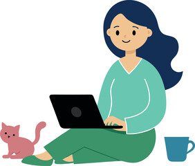 Smiling Woman in Pajamas Typing on a Laptop