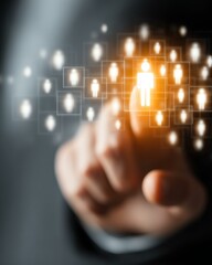shopper consumer persona audience target A businessman interacts with a digital interface, selecting individuals from a network of glowing icons, symbolizing recruitment and connections.