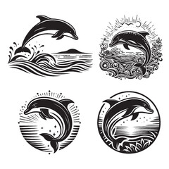 Set of 4 Dolphin Silhouettes – Outline Style Vector Isolated on White Background