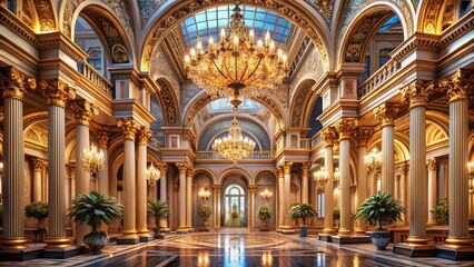Fototapeta premium Opulent Hall of Grandeur: A mesmerizing architectural masterpiece showcasing a resplendent hall, bathed in golden hues and adorned with crystal chandeliers, exuding timeless elegance and luxury.