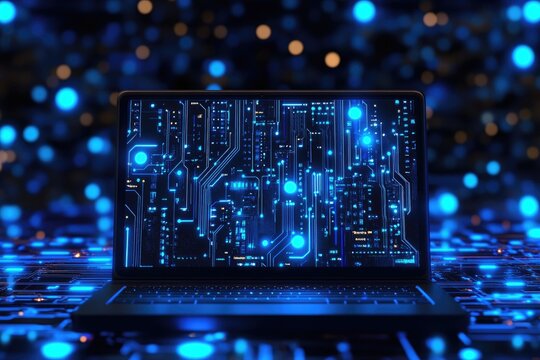 Futuristic laptop displaying complex circuit board