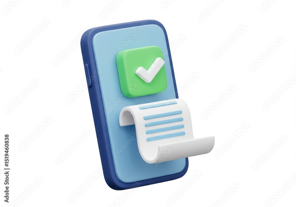Poster 3d illustration of smartphone displaying checkmark and document for online transaction isolated on w