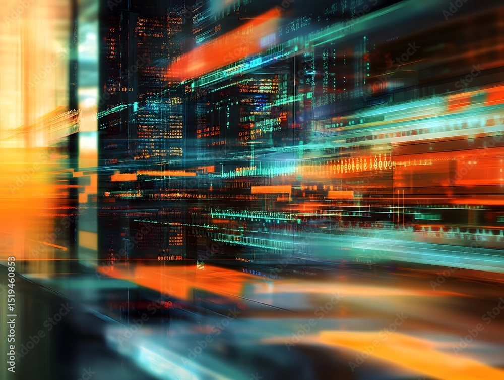 Poster A dynamic and futuristic digital illustration of computer code, data flow, or web development concept with a blurred background of a virtual server room or software design studio.