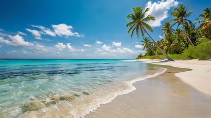 Obraz premium Tropical Paradise Idyllic Beach Scene with Crystal Clear Water and Lush Palm Trees