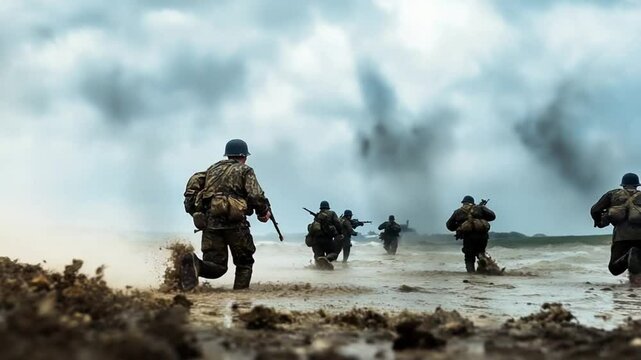 Intense Scene of Soldiers Advancing Through Mud and Explosions on a Cloudy Day