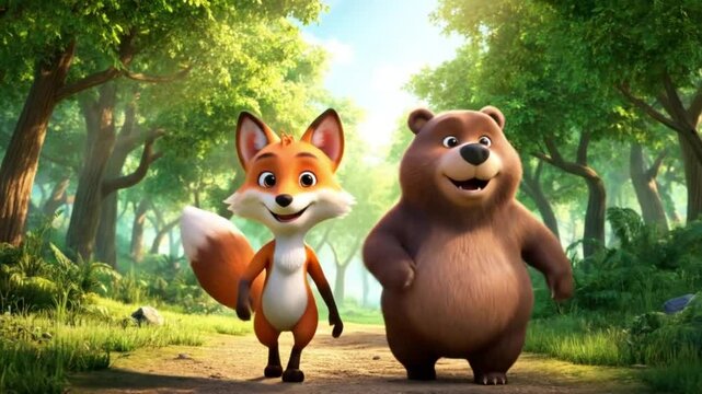 3D Cartoon animation Fox and bear / jungle  / orange fox / Brown bear / cute animal 