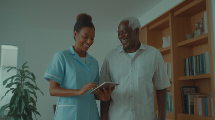 A nurse engages with a senior individual, utilizing a tablet computer for assistance. They share a moment of connection in a cozy living room setting filled with books and greenery