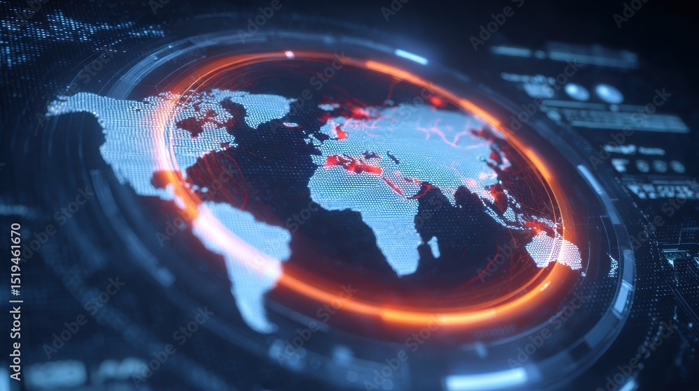 Poster digital map representation with data overlays and vibrant colors illustrating global connectivity.