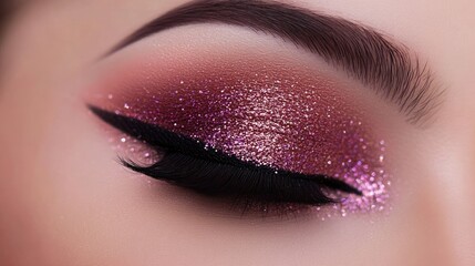 Subtle glitter particles over matte shadow creating a balanced soft glam look
