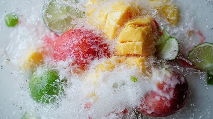 Refreshing tropical fruit medley in dynamic water splash motion composition