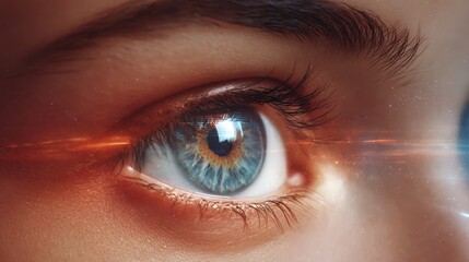 Obraz premium Close-up of a human eye with striking colors and intricate details, reflecting light and texture.