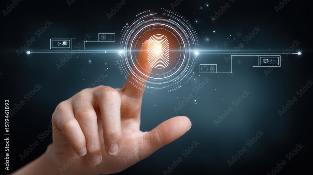 Poster a hand interacting with a digital fingerprint interface, symbolizing security technology.