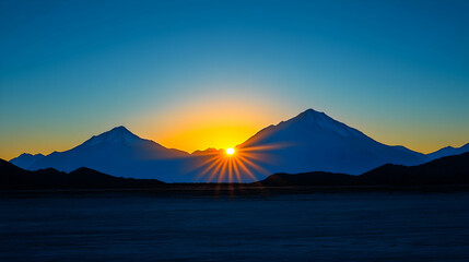 Vivid sunset over mountain peaks, bathing landscape in golden and blue light