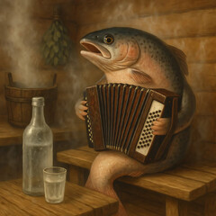 Fish playing accordion on rustic wooden table	