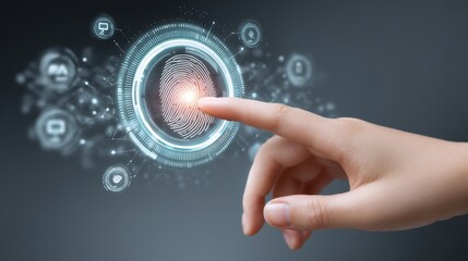 Digital fingerprint recognition concept with a hand reaching towards a biometric scanner.