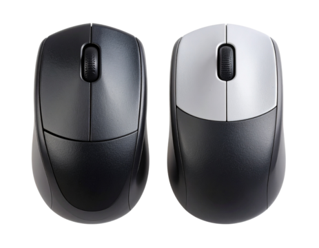 Pair of Wireless Mice in Black and White, Symmetrical Layout, Isolated on Transparent Background