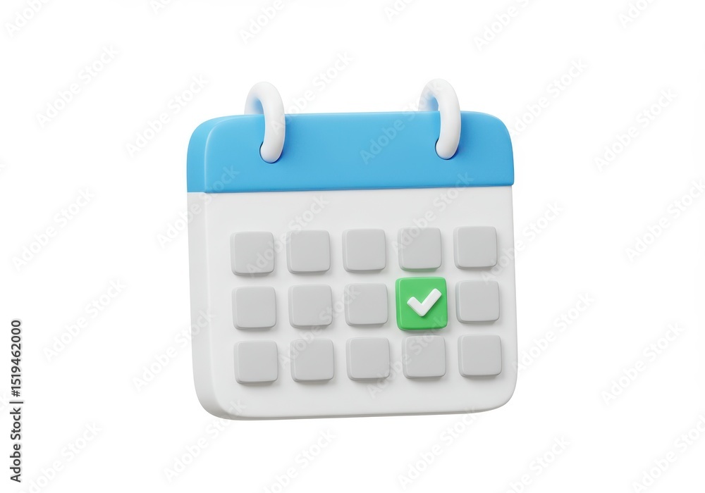 Poster 3d illustration of 3d rendering of a calendar with a green check mark indicating a scheduled event i
