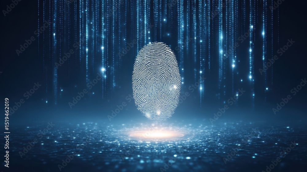 Poster digital fingerprint with cascading light effects, symbolizing security and data protection.