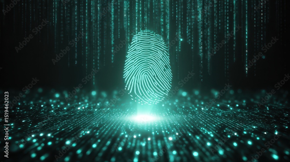 Poster abstract digital fingerprint glowing in a futuristic environment with data streams.