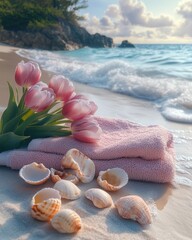 Relaxing Beach Still Life with Pink Tulips, Towels, and Seashells beach seashells sand ocean waves