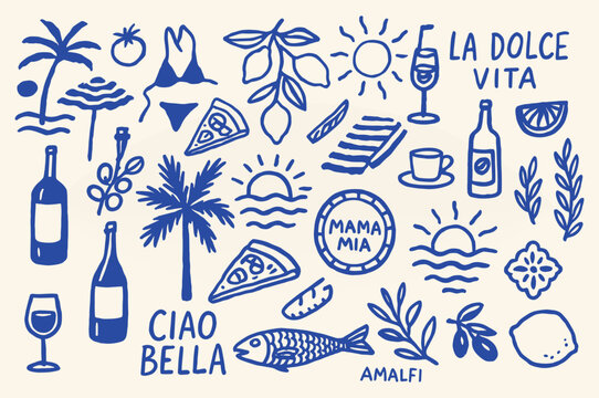 Hand-drawn Mediterranean summer doodle set &ndash; Italy beach food, sea, travel icons