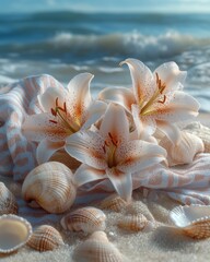 Summer Beach Still Life: Lilies and Seashells by the Ocean lilies seashells beach ocean summer sand