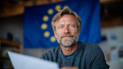 Fototapeta premium Close-up of a determined mature manâs face focused on voting, holding a ballot in front of a European Union flag backdrop inside a polling station