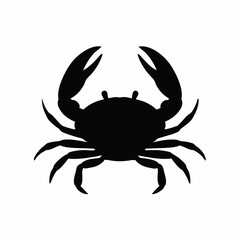 A black silhouette of a crab, viewed from above, with its claws raised, set against a stark white background.