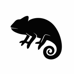 A black silhouette of a chameleon, showcasing its unique curled tail and distinct features against a plain white backdrop.