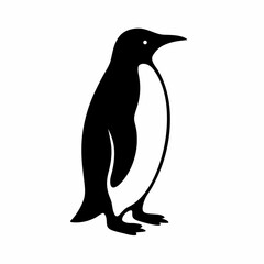 A black and white silhouette of a penguin standing facing to the right