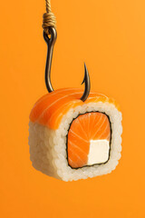 Surreal sushi piece with horns on orange background	