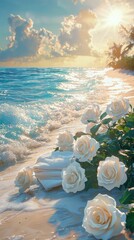 Romantic Beach Sunrise with White Roses sunrise romantic white ocean waves surf sea coast shore sand