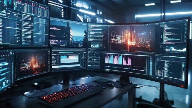 Immersive workstation setup with multiple monitors displaying data streams and visualizations