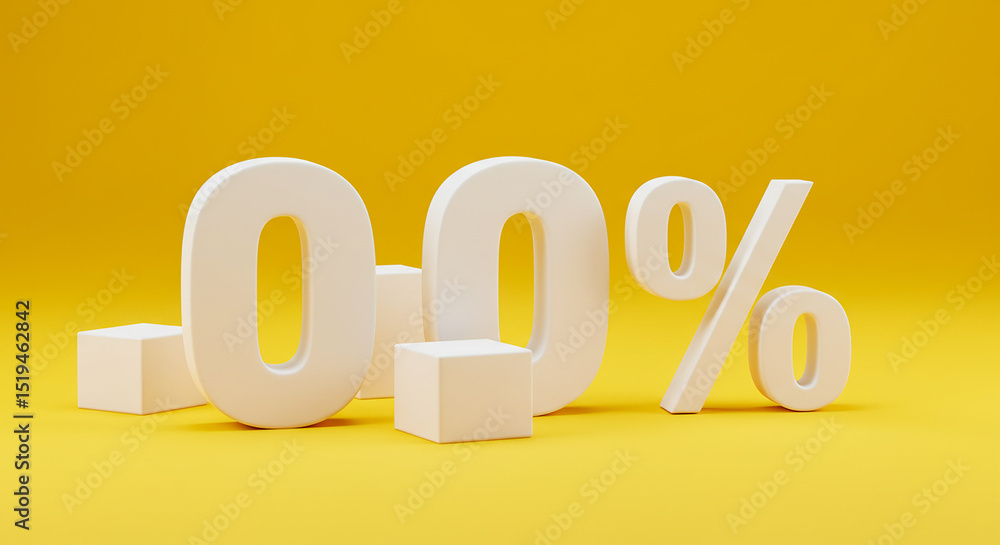 Poster a minimalist render of zero percent in white on a yellow background with geometric cube supports