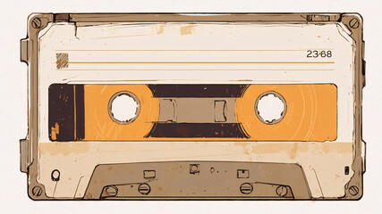 A retro cassette tape with an orange and brown design