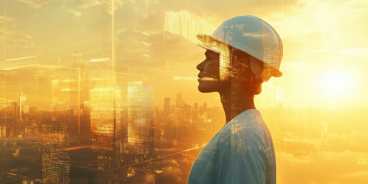 Engineer with digital overlay on city at sunrise