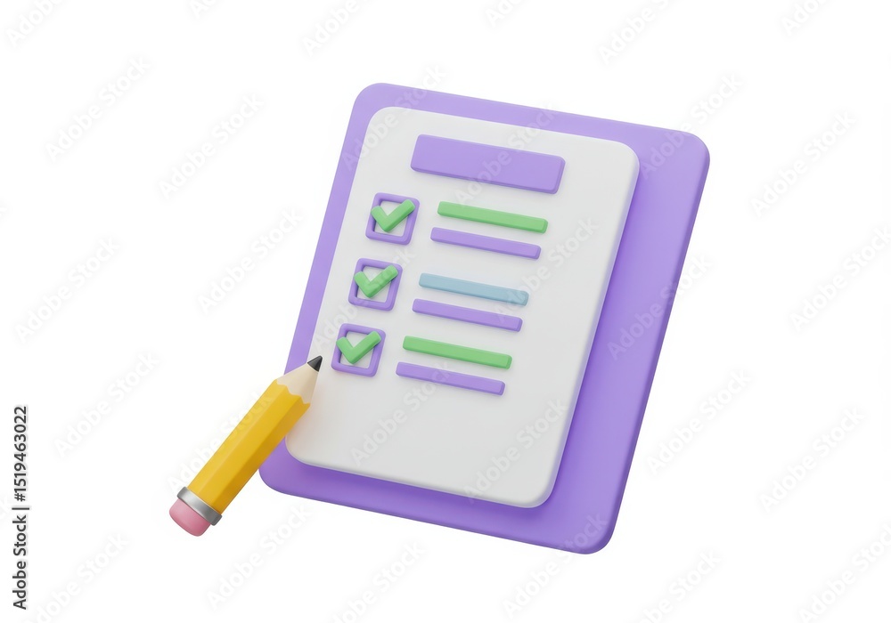 Aufkleber 3d illustration of clipboard with checklist and pencil isolated on white background showing complete