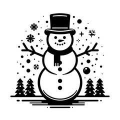 Black and white vector illustration of a snowman for kids coloring book on white background.