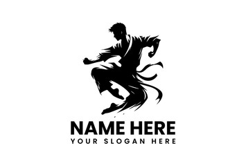 Naklejka premium Martial arts stencil vector logo of kung fu fighter performing energetic mid-air kick