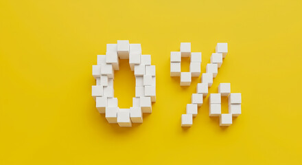 Fototapeta premium Zero percent symbol made of white cubes on a yellow background representing no interest or discount