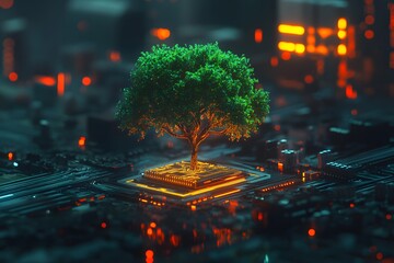 A tree growing on top of an electronic circuit board, with green glowing leaves and roots forming the shape of intricate designs. 