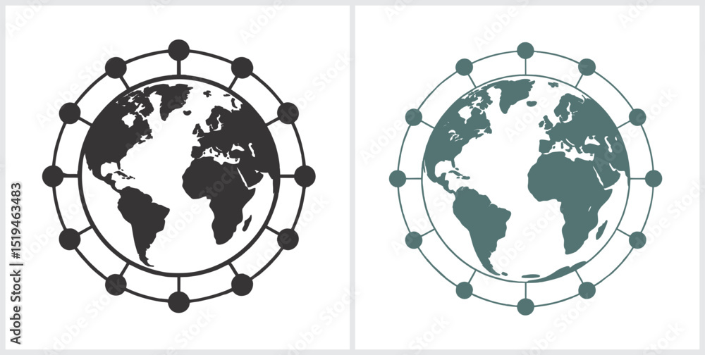 Poster global network connection concept illustrated by two earth icons with interconnected nodes on transp