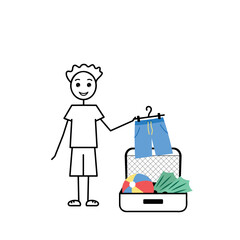 male character is packing for summer vacation, cartoon vector illustration