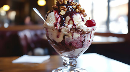 Indulgent sundae delight: A symphony of ice cream, toppings, and cherry