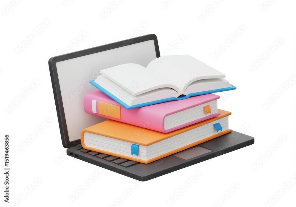 Poster 3d illustration of laptop displaying stack of colorful books with an open book on top isolated on wh