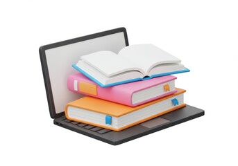 3D Illustration of Laptop displaying stack of colorful books with an open book on top isolated on white background