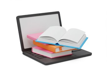 3D Illustration of Laptop with colorful books stacked on top, including an open book, isolated on white background