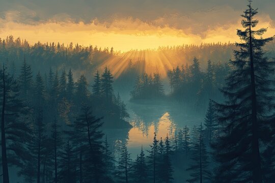 Golden light pierces misty forest